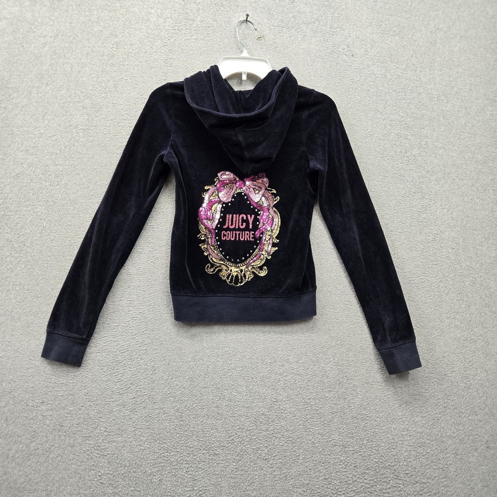 Juicy Couture Women Hoodie XL Navy Velour Crest Sequins Rhinestones Bling Logo